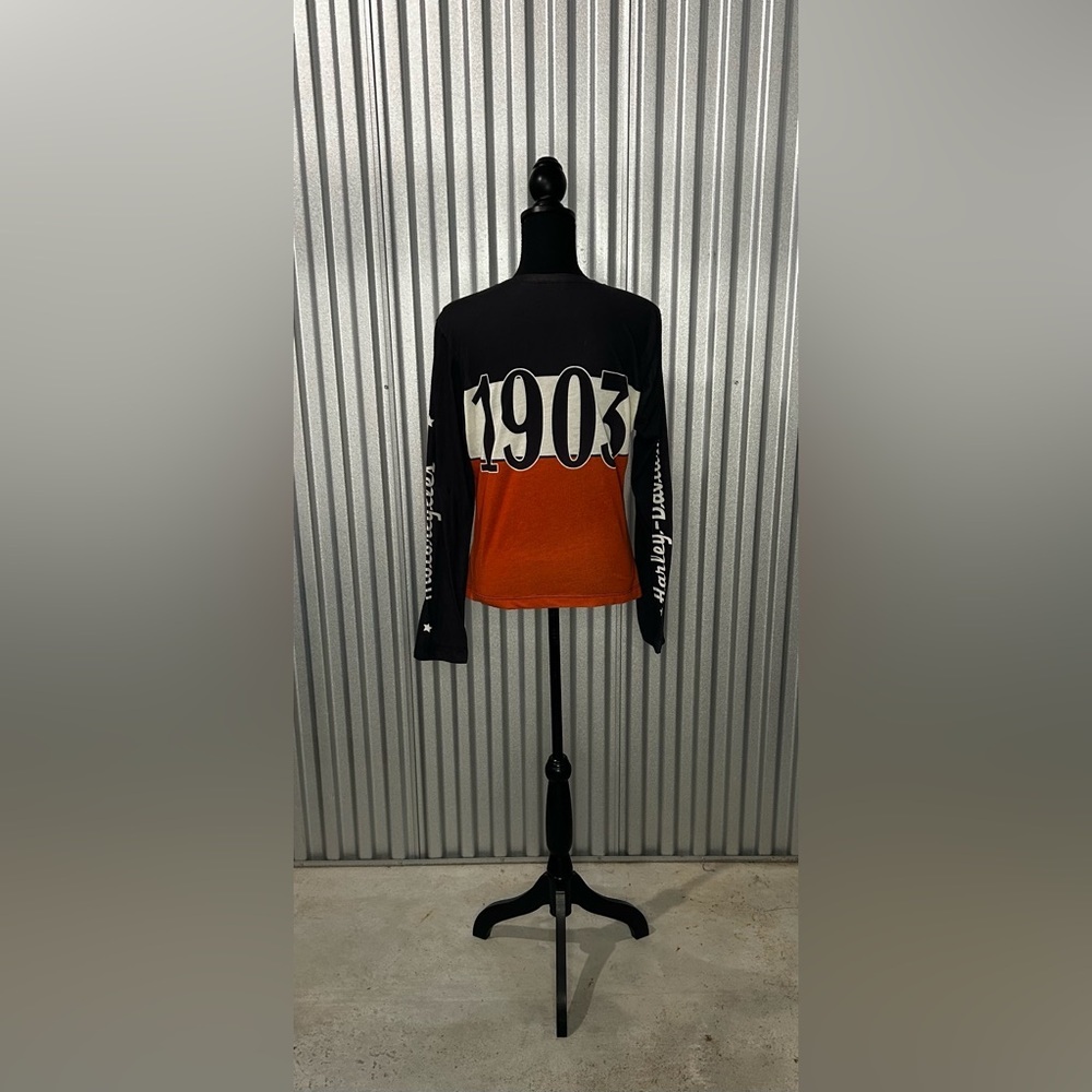 Women’s Vintage Harley Davidson Orange Black Long Sleeve T-Shirt Size Large - Picture 2 of 7